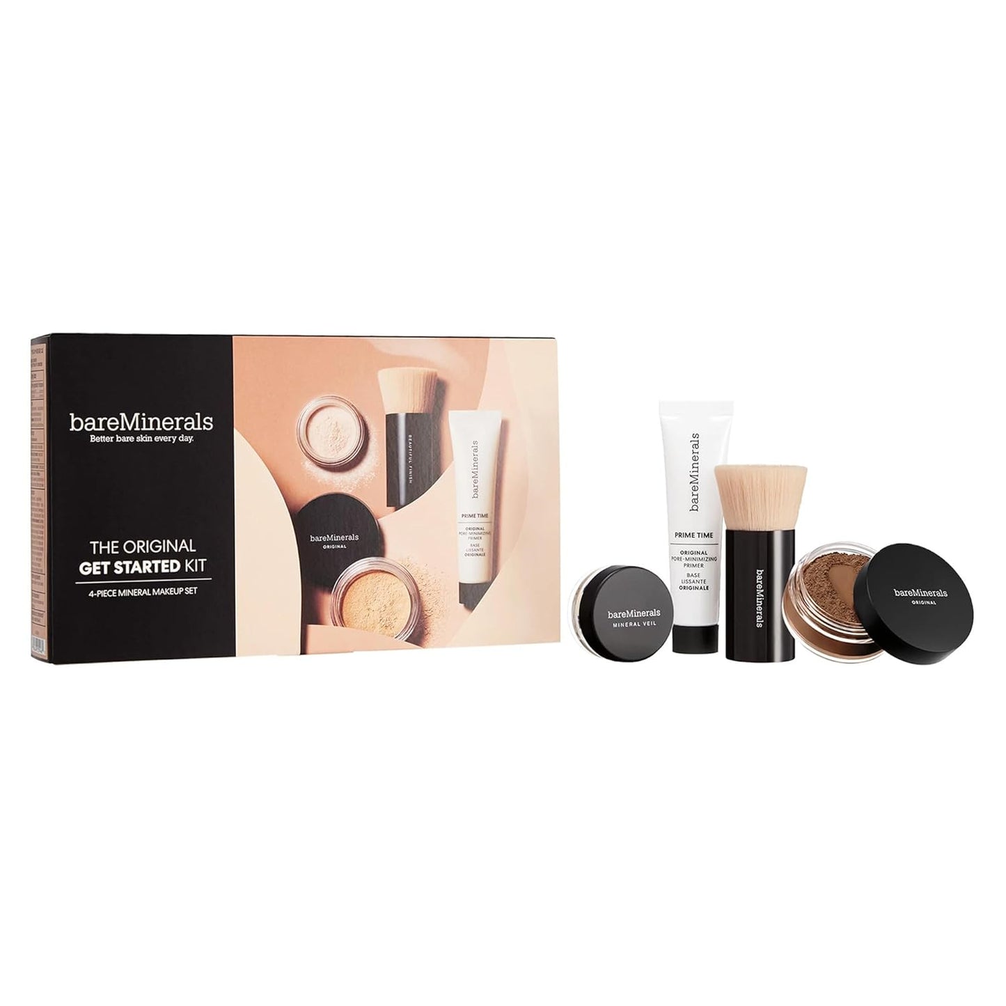 bareMinerals Original Get Started Kit, 4 Piece Mini Mineral Makeup Includes Original Loose Foundation, Face Primer, Setting Powder, Brush, Travel Sizes, Must-Have Kit, Vegan