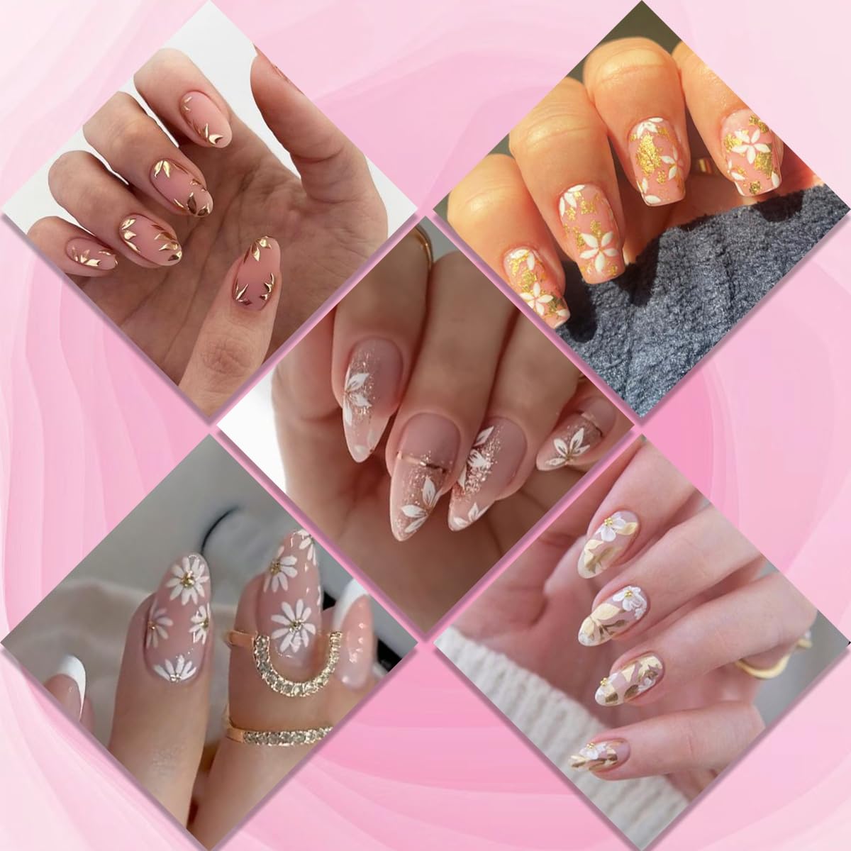 Gold Flowers Nail Stickers for Nail Art, 8Pcs Butterfly Daisy Leaves Design White Gold Nail Art Stickers 3D Self-Adhesive Nail Supplies Metal Petal Nail Decals for Women Nail Decorations Charms