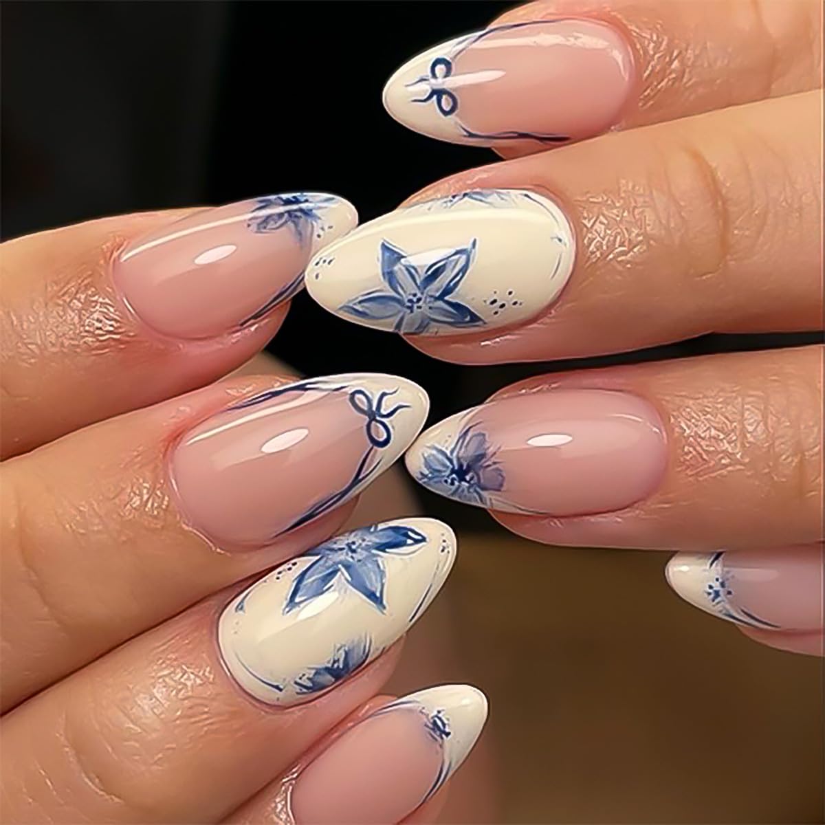 French Short Press On Nails Almond, Nude Fake Nails with Beige French Tip and Graceful Blue Floral Petal Design, Glossy Gel Finish Acrylic Nails, Natural Reusable Glue On Nails Kit for Women, 24 Pcs