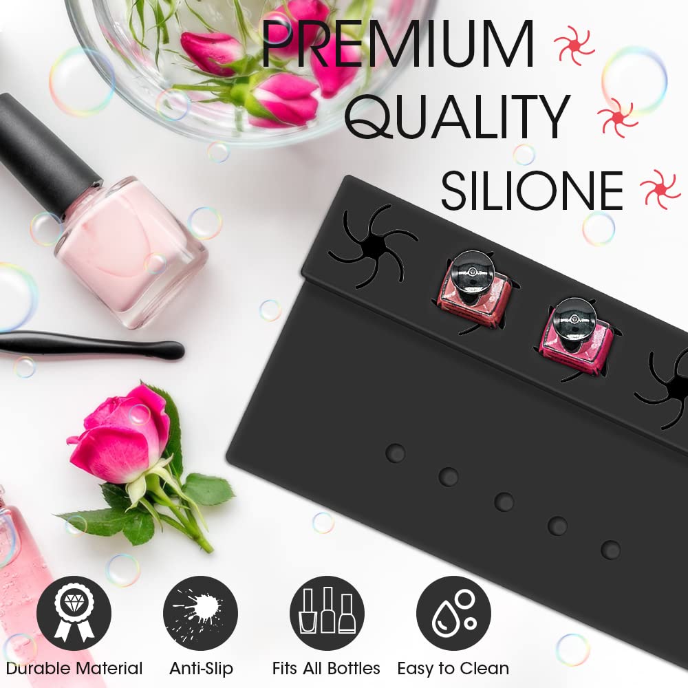 Nail Polish Holder, Silicone Hand Rest Mat Fingernail Painting Tools 2 in 1 Art Accessories Organizer Case Set with Anti-Spill Bottle Stand and Finger Separators for Pedicure Manicure-Black