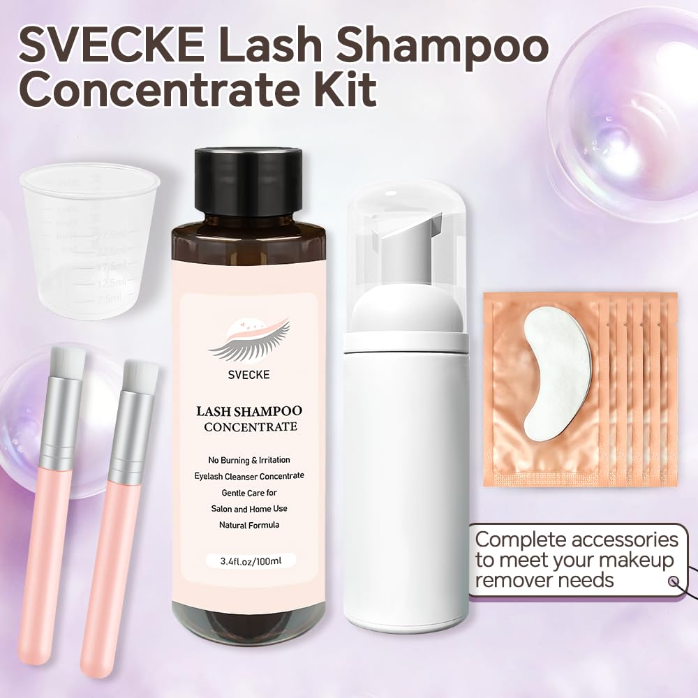 Lash Concentrate Shampoo 100ml for Lash Extension, Lash Shampoo Kit for Eyelash Cleansing, Oil-Free Eyelash Extension Cleanser Concentrate, Lash Cleaning Kit with Brush Bottle