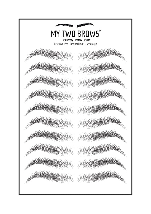 (10 pairs) Natural Black Temporary Eyebrow Tattoo - Extra Large Size - Waterproof & Smudgeproof - Assertive Arch Style Eyebrow Stickers - Sheet Lasts up to 30 Days - Won't Work on Existing Brows