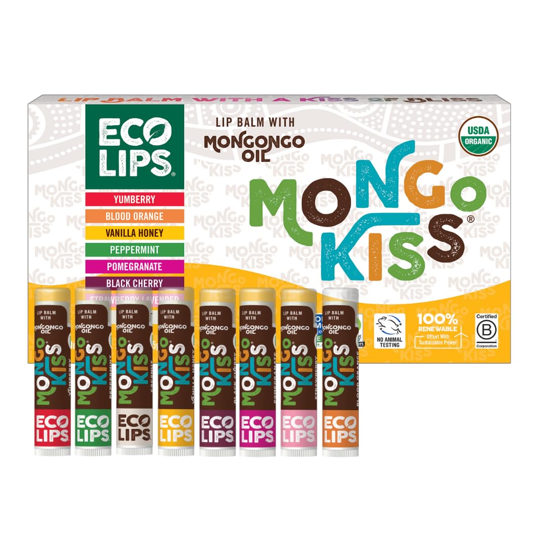 Mongo Kiss USDA Organic Lip Balm Set 8-pack (0.15 oz. each) with Mongongo Oil & Cocoa Butter to Moisturize Chapped Lips | Made in USA by Eco Lips (Variety)