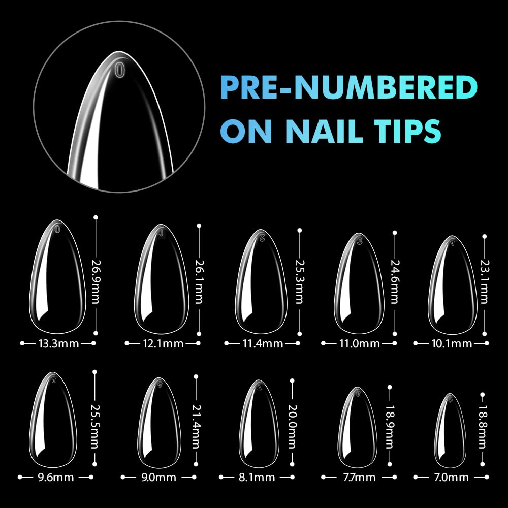 INFELING Almond Nail Tips - 500Pcs Almond Full Cover Nails for Acrylic Nails Professional, Clear Fake Nails with Box for Nail Salons and DIY Nail Art, 10 Size