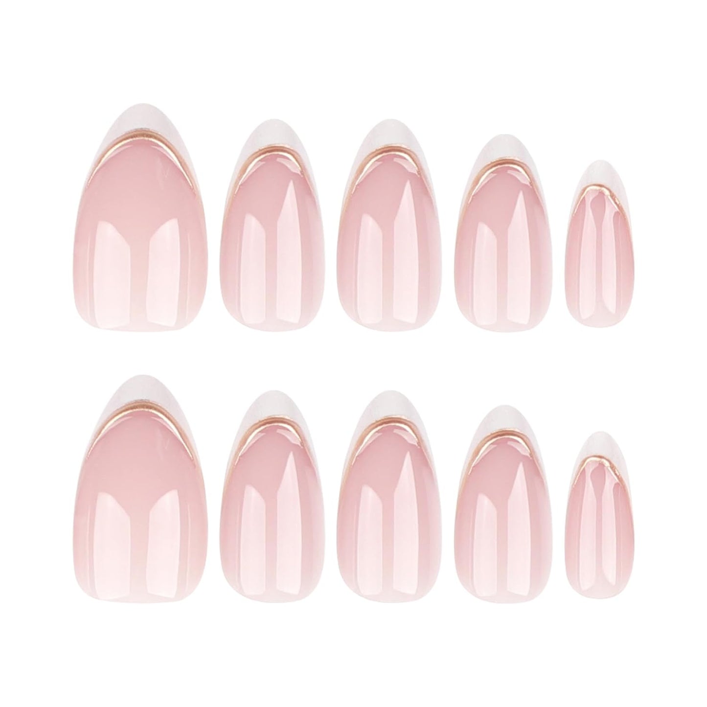 French Press On Nails Short Almond, Nude Fake Nails with White French Tip and 3D Minimalist Gold Line Design, Glossy Gel Finish Acrylic Nails, Natural Reusable Glue On Nails Kit for Women, 24Pcs