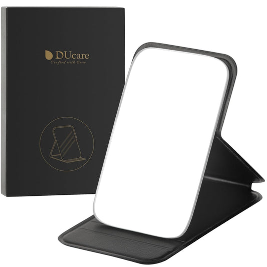 DUcare Mini Folding Mirror Portable Travel PU Portable Adjustable Rectangular Ultrathin Vanity Mirror with Stand, for Travel, Camping,Home