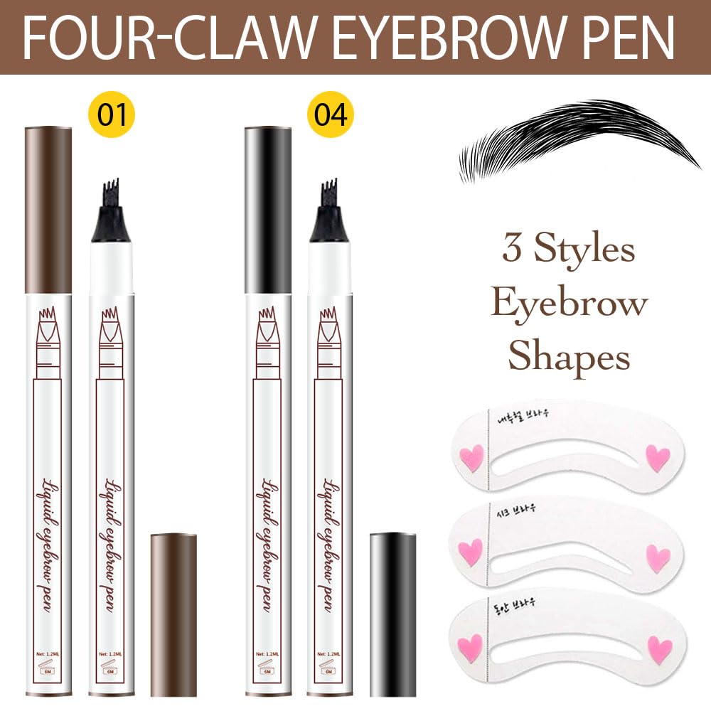 Eyebrow Ink Pencil by Brow Stylist -Micro 4 Point Brow Pen Lift & Snatch Eyebrow Pen Kits with 3 Eyebrow Stencil Long-Lasting Waterproof Natural Eyebrow Hair (2Pcs 01# chestnut&04# black)