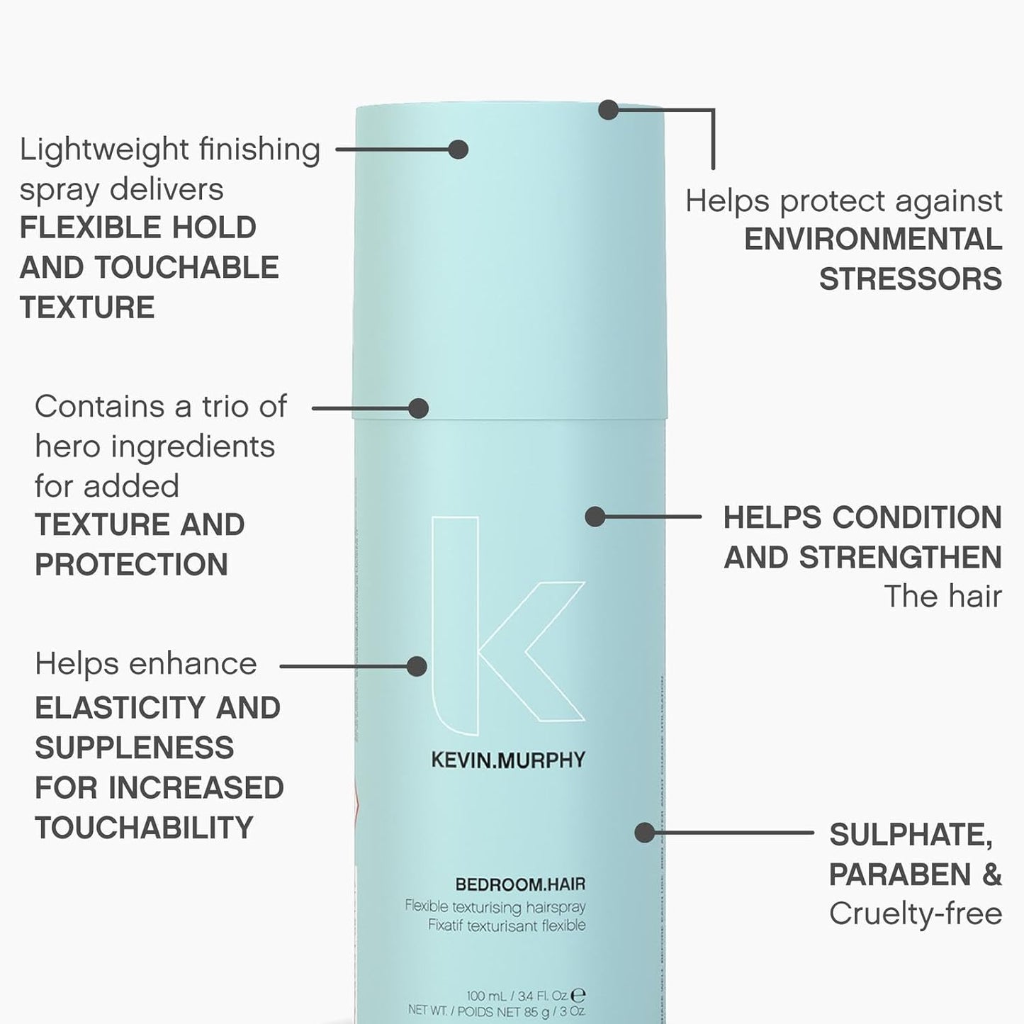 KEVIN.MURPHY BEDROOM.HAIR - Flexible Texturising Hair Spray - For All Hair Types - Hair Care for Effortless Bedroom Hair - With Ginger Root Extract - 100 mL / 3.4 fl oz