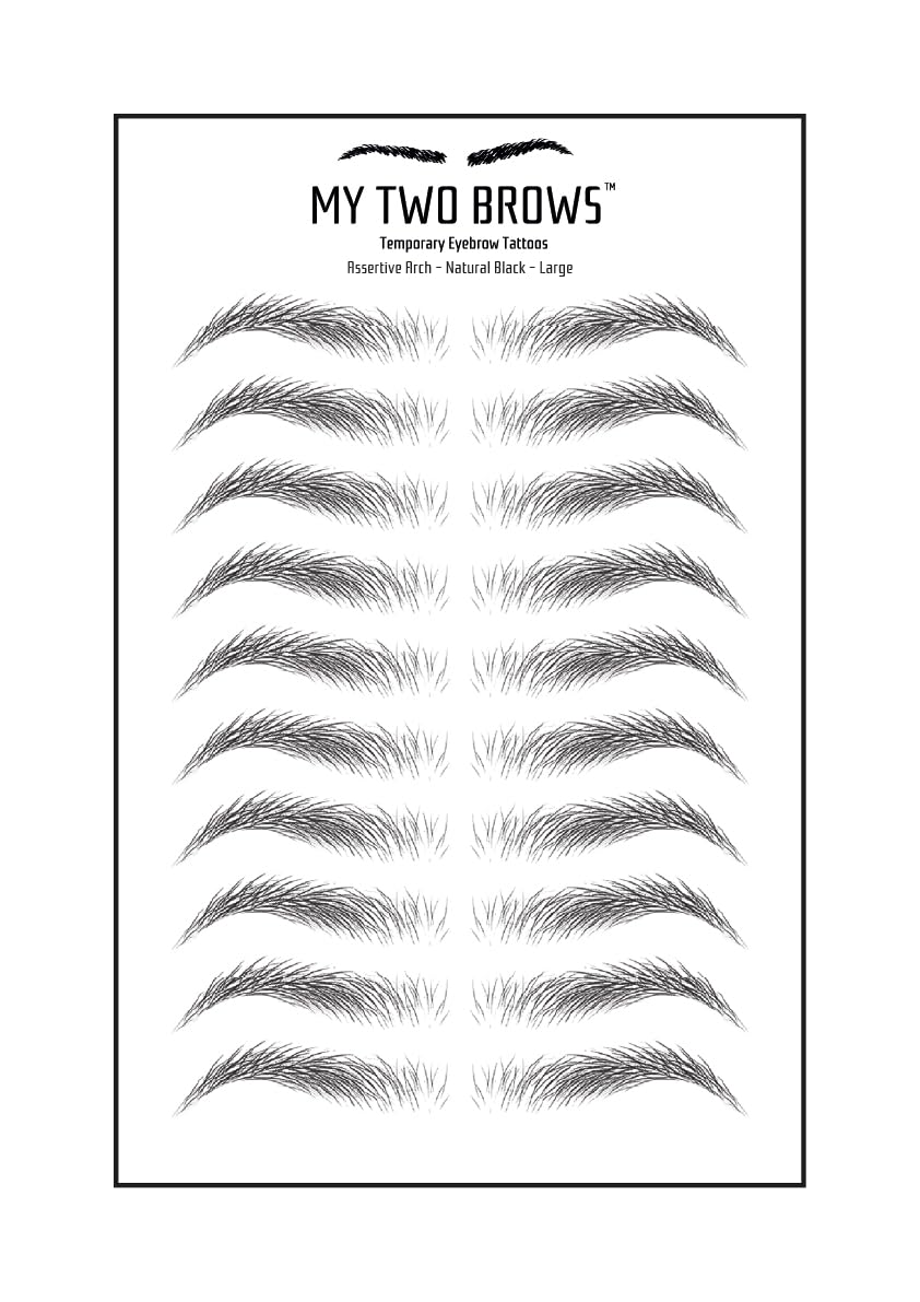 (10 pairs) Natural Black Temporary Eyebrow Tattoo - Large Size - Waterproof & Smudgeproof - Assertive Arch Style Eyebrow Stickers - Sheet Lasts up to 30 Days - Won't Work on Existing Brows