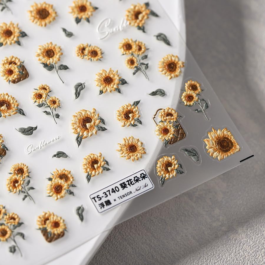 Flower Nail Art Stickers 5D Embossed Sunflower Nail Stickers for Nail Art Self-Adhesive Summer Nail Design Stickers Nail Supplies DIY Nail Decals 1 Sheet (1, Sunflower)