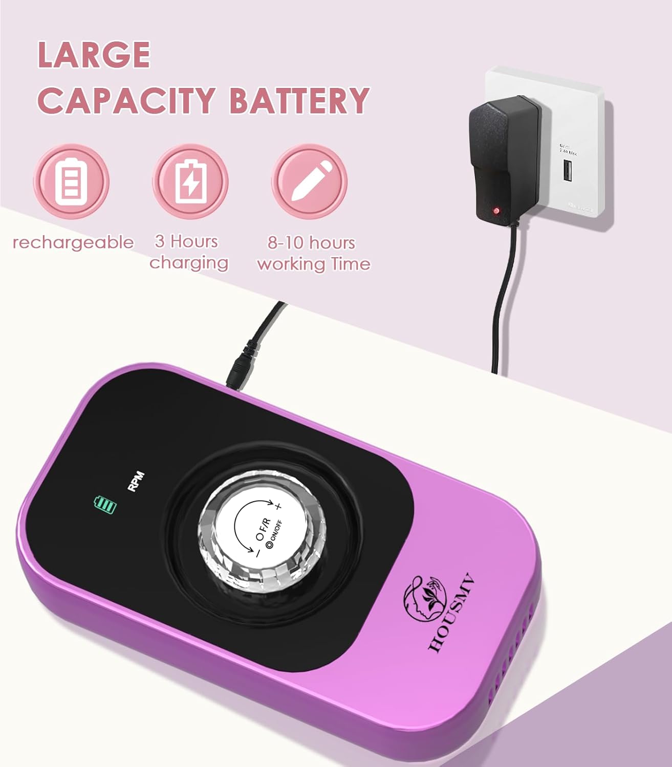 Professional Nail Drill Electric File: 40000RPM Portable Nail File Machine, Rechargeable Cordless Nail E-File with Bits & Base for Acrylic Nails Remove Nail Gel Polish Manicure for Salon Home, Purple