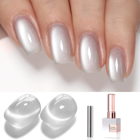 Double Rhythm 0.5 Oz Cat Eye Gel Polish with Magnet Same Color Same Bottle Holographic Glitter Shimmer Translucent Color Salon 15 ML Magnetic Nail Art (Clear Silver-MC1147)