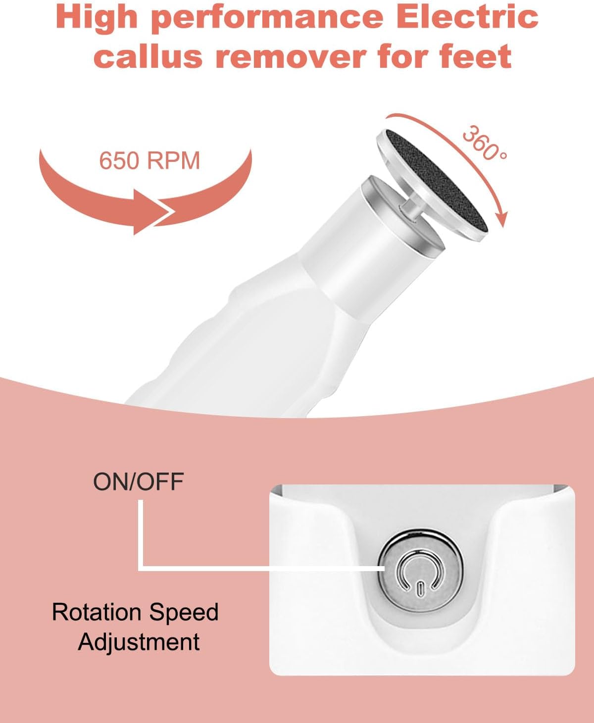 Electric Foot Callus Remover, Dioche 650 RPM Electric Foot File, Adjustable Speed, USB Charging, Removable and Washable, with 60pcs Replacement Sandpaper Disk, for Dead Cracked Hard Skin Calluses