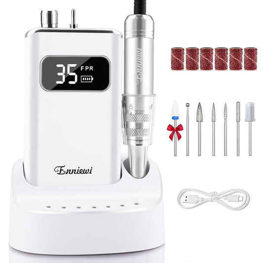 Electric Nail Drill File, Professional Portable Nails Drills Kit with Rechargeable Base 7 uñas Bits, Cordless Efile for Poly Gel Acrylic Nails Remover Home Salon Pedicure Manicure Tool, White