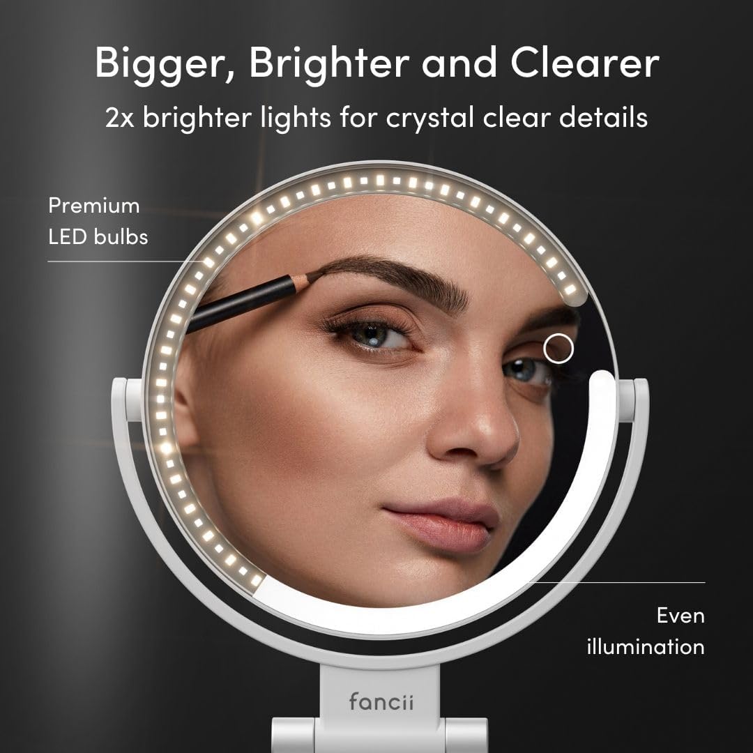 Fancii Travel Magnifying Mirror 10x /1x with Lights, Rechargeable | 9-Inch Extra Large LED Lighted Makeup Mirror, Folding Double Sided Portable Vanity Mirror, 3 Light Settings, Touch Sensor (Sadie)