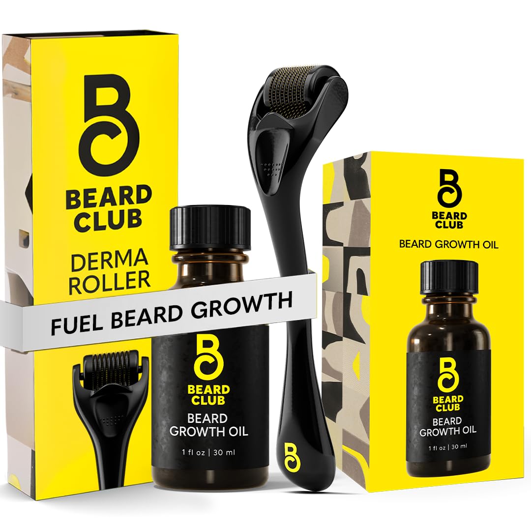 Beard Club Derma Roller & Beard Growth Oil - Microneedling Roller with 540 Titanium Coated Microneedles & Cedar, Sandalwood Beard Oil