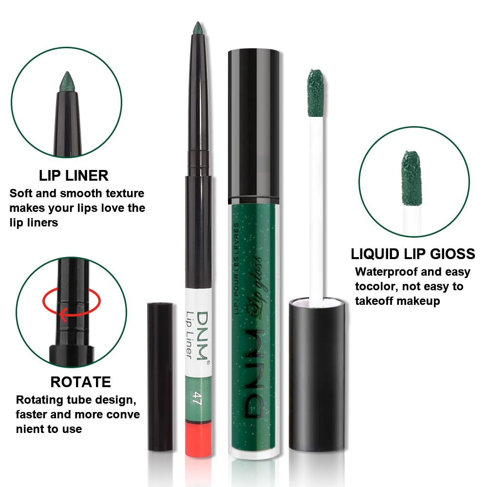 evpct 2Pcs Emerald Green Shimmer Glitte Liquid Lipstick Lip Gloss Stain and Retractable Lip Liner Makeup Set for Women Long Lasting Waterproof 24 Hours Lipstick labial mate larga duracion 24 47#