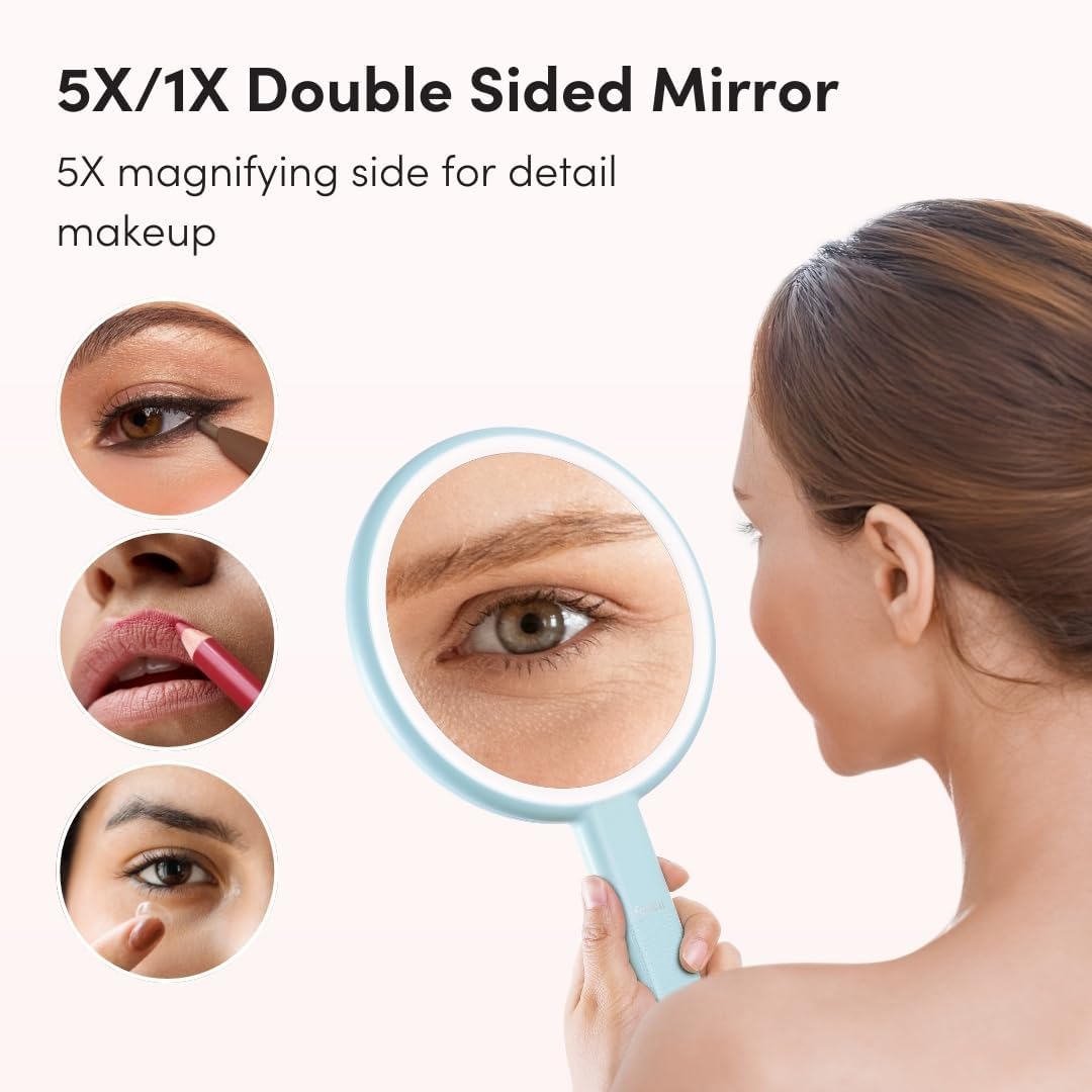 Fancii Cami Handheld Travel Makeup Mirror with Lights, Rechargeable, Extra Large, Double Sided 5X / 1X Magnifying Mirror - 3 Color Lighting, Handheld or Vanity (Blue Fluff)