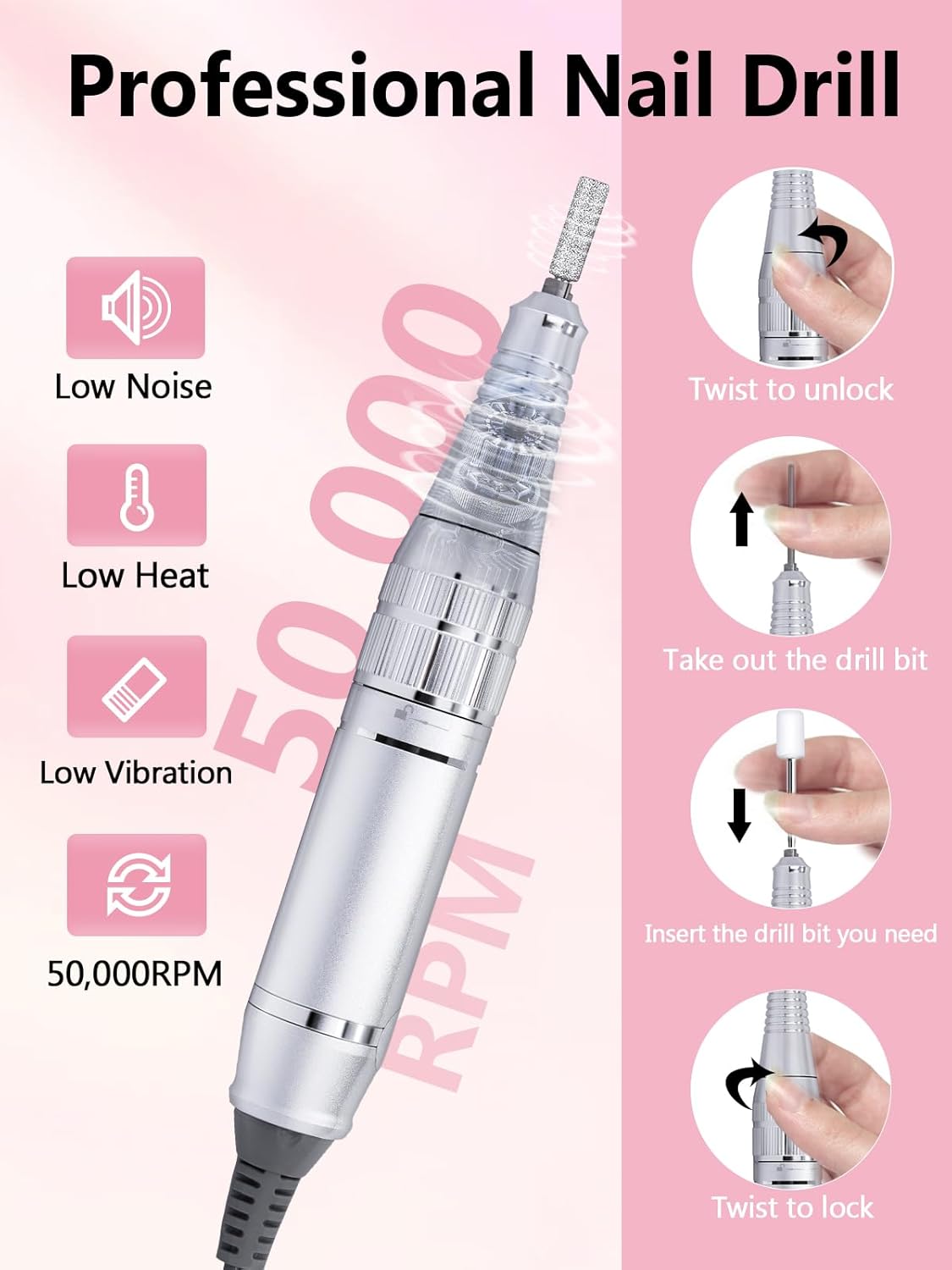 Nail Drill, Portable Electric Nail File 50000RPM, Rechargeable Nail Drill Professional with Bits for Acrylic Gel Nails, E-File Machine Manicure Polishing for Salon Home,Pink