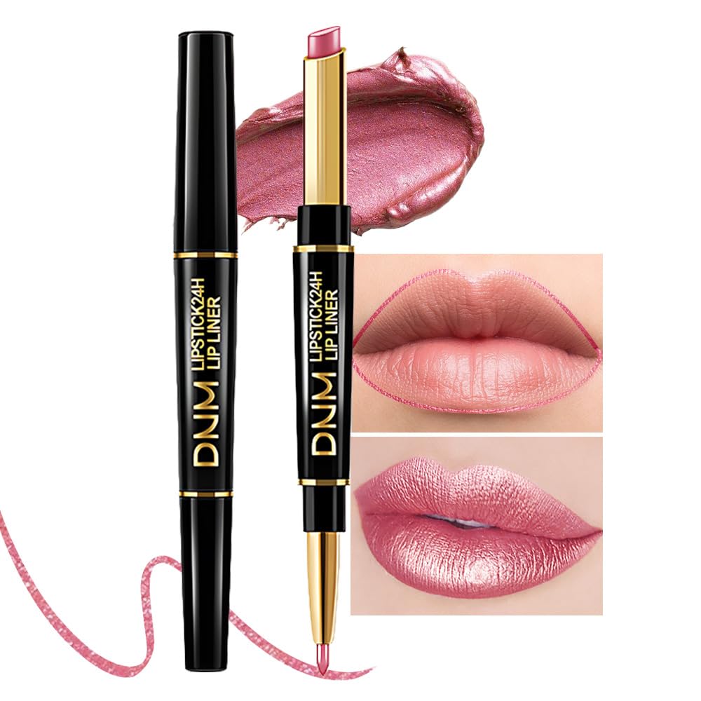 evpct 1Pcs Natural Pink Metallic Shine Shimmer Lip Liner and Lipstick Combo Set Kit for Women, Lightweight Hydrating Formula High Impact Full Coverage Lipstick and Lip Liner Makeup Gloss, 20#
