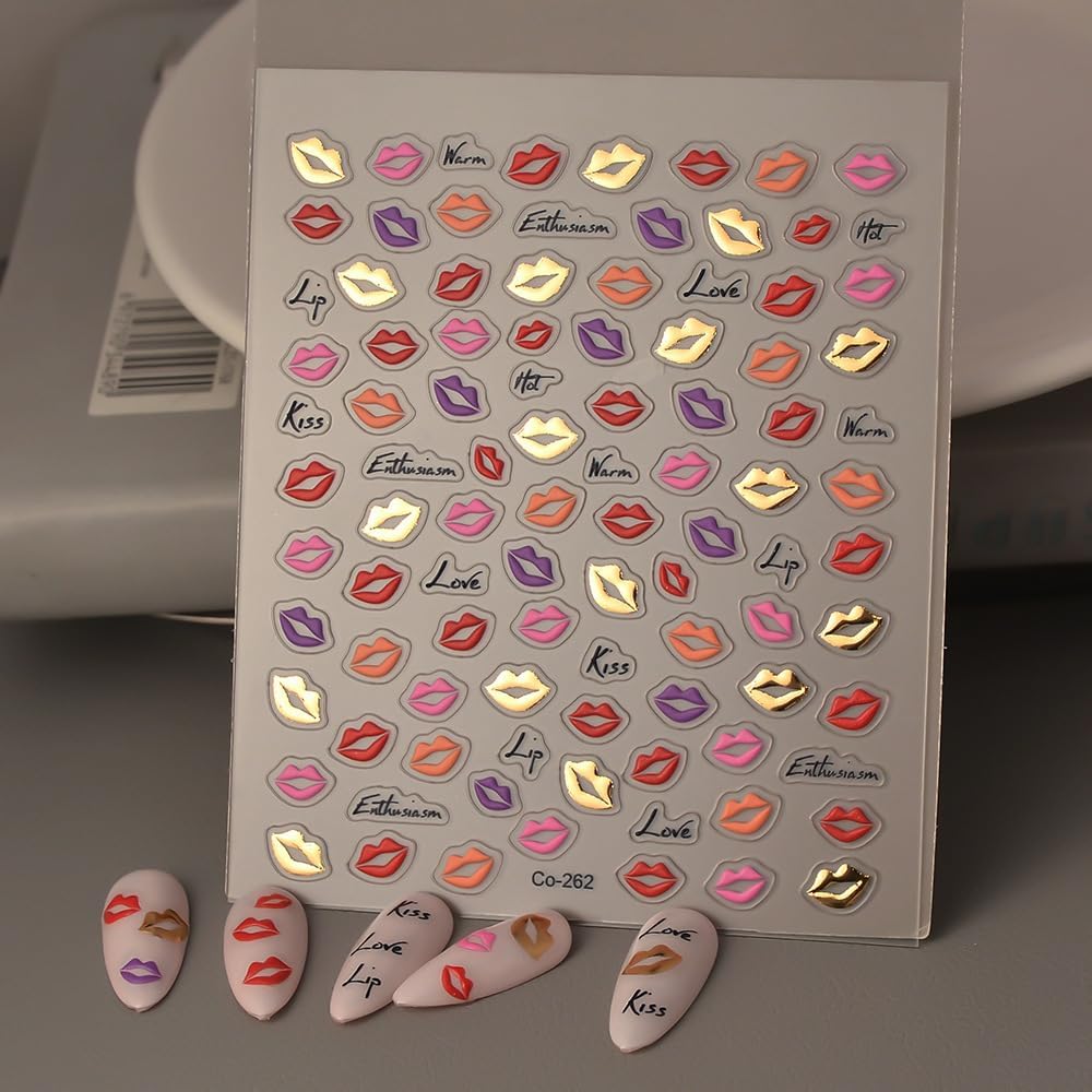 Halloween Nail Art Stickers 5D Embossed Colorful Lips Nail Stickers, Self-Adhesive Durable Nail Art Decals for Women Girls, Nail Wraps Decoration Manicure for DIY Acrylic Nail Accessories