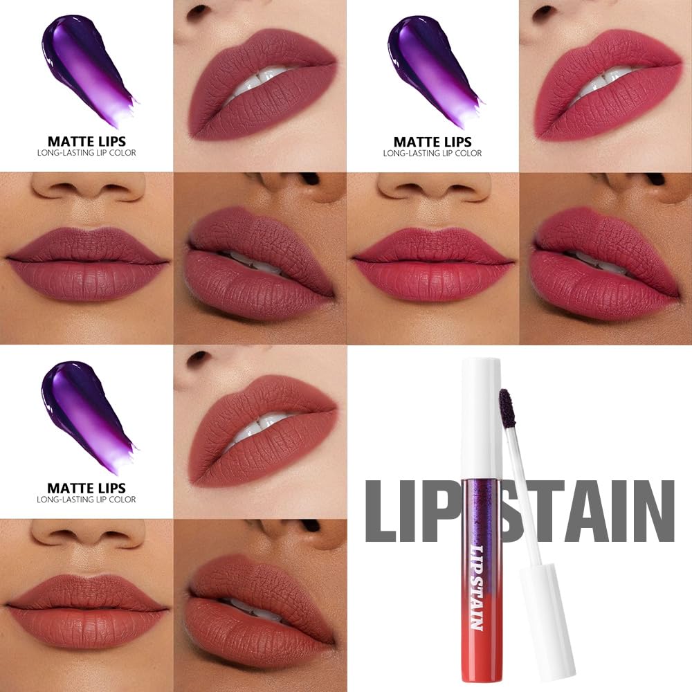evpct 3Pcs Peel Off Lip Stain Tints, Maroon Mauve Nude Brown Matte Liquid Lipstick Lip Stain Long Lasting Waterproof for Women, Non-stick Cup Lipstick Peel Off Highly Pigmented Smudge-proof Liptint