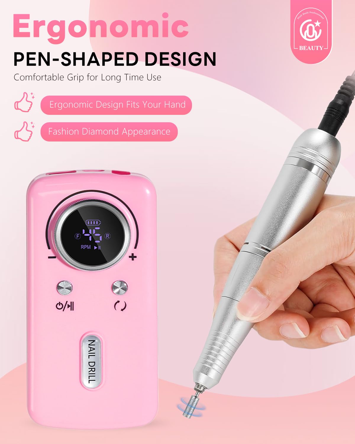 CozyZen Cordless Nail Drill Professional: 45000 RPM Rechargeable Electric Nail File Kit, Portable & Low Noise for Acrylic, Gel Nails, Manicure & Pedicure - Salon & Home Use