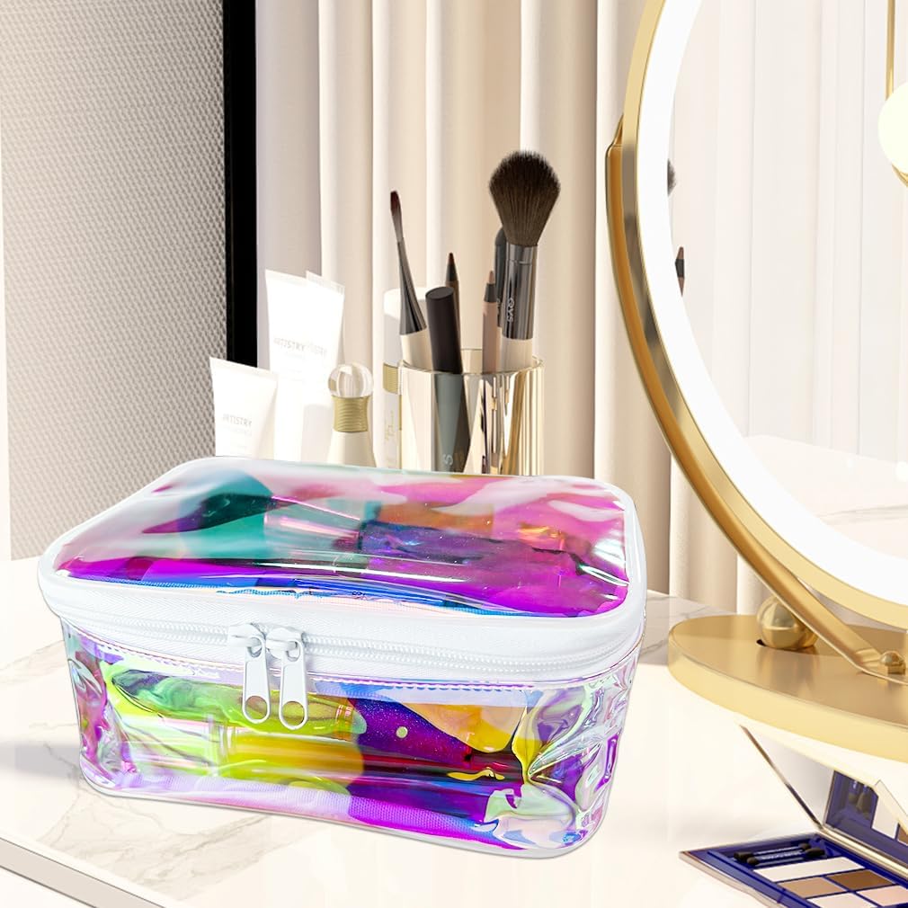 Holographic Makeup Bags Bulk,Clear Storage Bag Toiletry Pocket Portable Zippered Iridescent Pouch Waterproof Cosmetic Gift Bags for Women (Holographic Pink(White Frame))