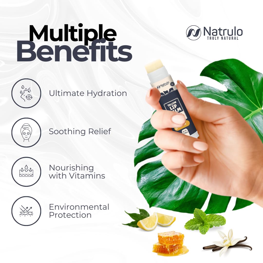 Beef Tallow Lip Balm – Natural Tallow Beeswax Chapstick – Hydrating Grass Fed Beef Tallow Honey Balm Lip Care – Soothes Chapped Dry Sensitive Lips – Long Lasting Vitamin Rich USA-Made Variety Pack