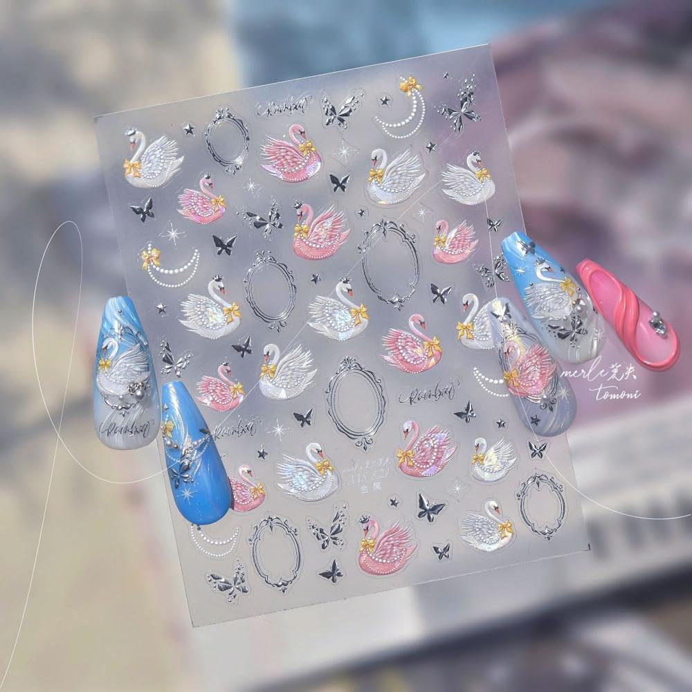 1 Sheet Swan Nail Stickers 5D Embossed Pink Animal Print Nail Art Stickers Self-Adhesive Yellow Bow Nail Decals Silver Butterfly Nail Designs Pearl Frame Nail Art Decoration for Women Manicure