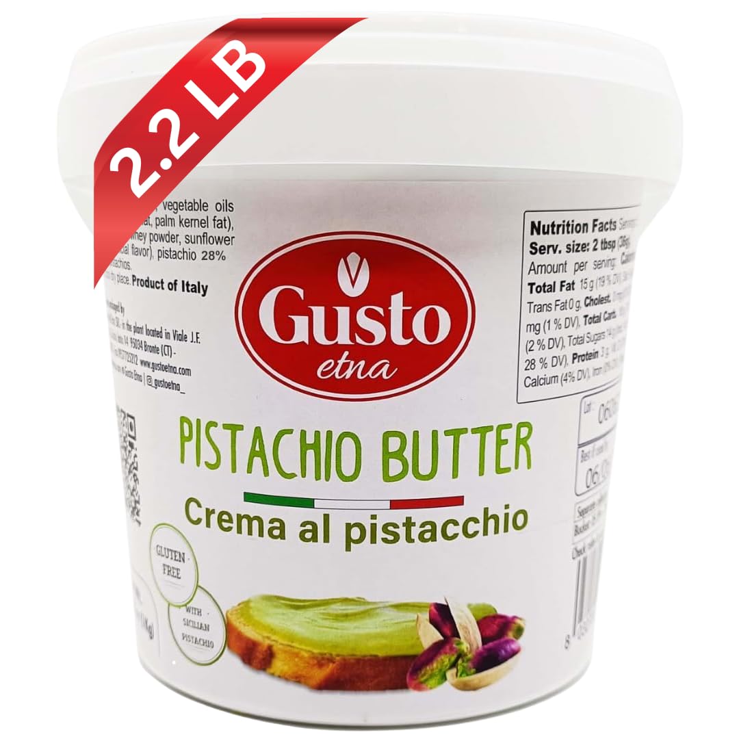 GUSTO ETNA Pistachio Cream, Sweet Nut Butter, Bulk Tub, Rich & Nutty filling for Knafeh Pistachio Chocolate Bars, Sweet Pistachios Spread, Pistachios Paste & more Product of Sicily, Italy, 2.2 LB (1 Kg)