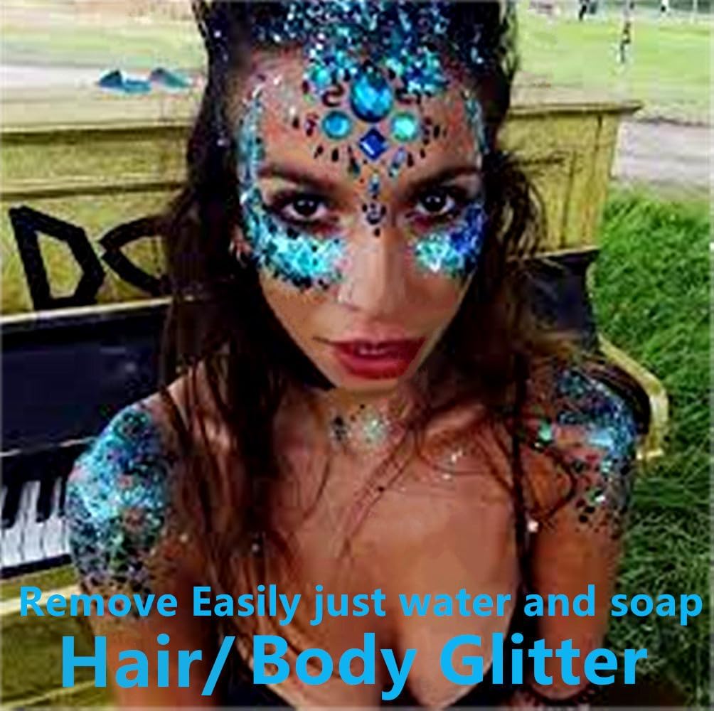 Go Ho Light Blue Face Body Glitter Gel,Blue Mermaid Face Paint Makeup,Holographic Chunky Sequins Glitters for Eye Lip Hair,Halloween Costumes Festival Rave Accessories,52g