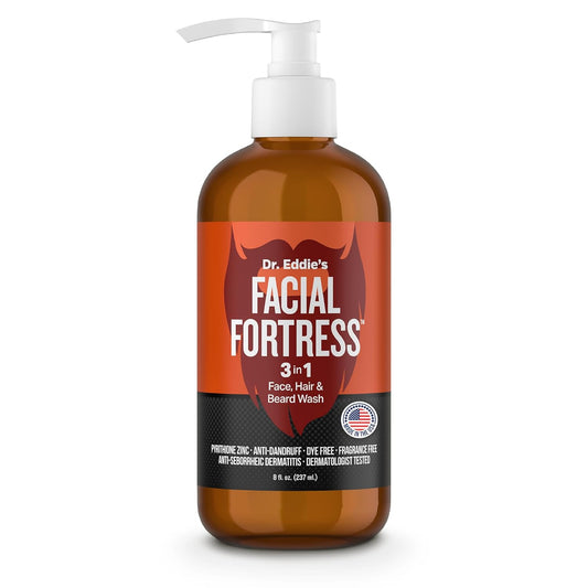 Dr. Eddie's Facial Fortress 3 in 1 Face, Hair, & Beard Wash - Beard Dandruff Shampoo for Men, Beard Cleanser, Face Wash, Beard Care, Face Soap with Pyrithione Zinc - 8 Fl Oz (Pack of 1)