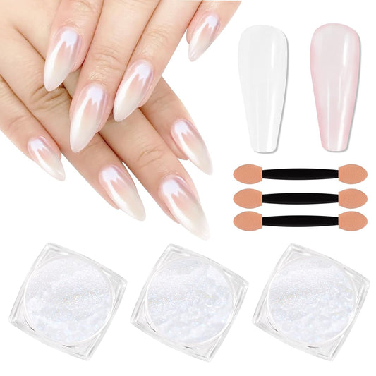 SIUSIO White Pearl Chrome Nail Powder, 3pcs Iridescent Aurora Powder Metallic Mirror Effect Pigment Pearlescent Mermaid Pigment for Nail Art Manicure Decoration Sets
