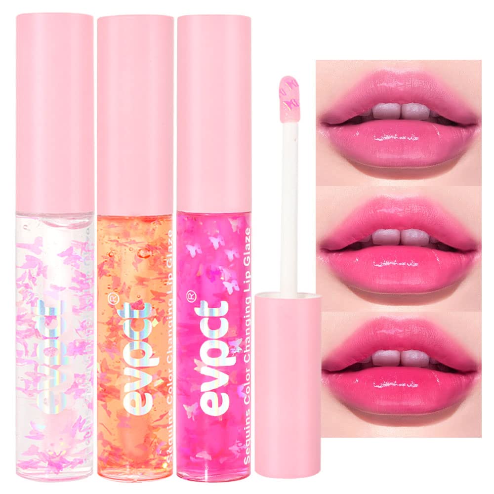 evpct 3Pcs Clear Color Changing PH Tinted Lip Gloss Sets for Women, Pink Mood Lip Oil Gloss Balm Tint Stain Glaze Pack Hydrating 0.34 fl.oz *3