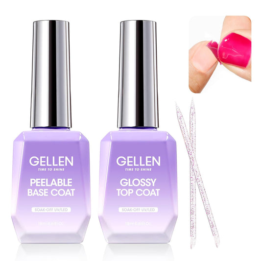 GELLEN Peel Off Gel Base Coat and Top Coat Set, Peelable Base Gel without Soaking, Clear Top Coat Nail Polish, UV LED Lamp Needed, Home DIY Nail Art Manicure Set