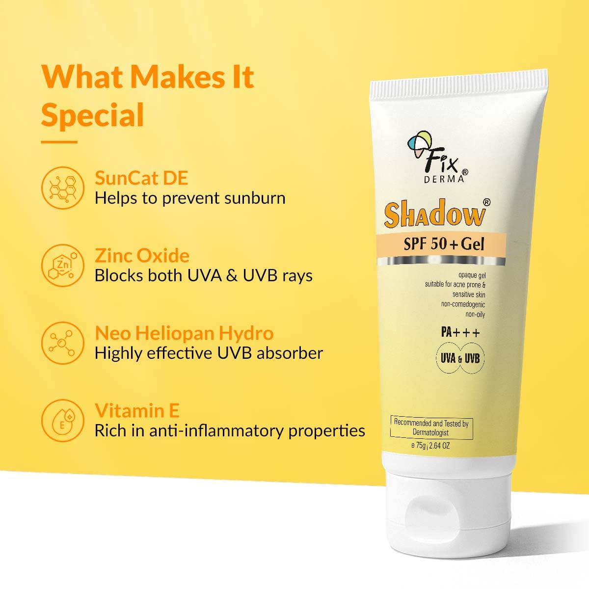 Fixderma Shadow SPF 50+ Gel Sunscreen for Face | Titanium Dioxide & Zinc | Broad Spectrum UVA and UVB Protection | Water Resistant, Lightweight Sunscreen - 2.64 Oz