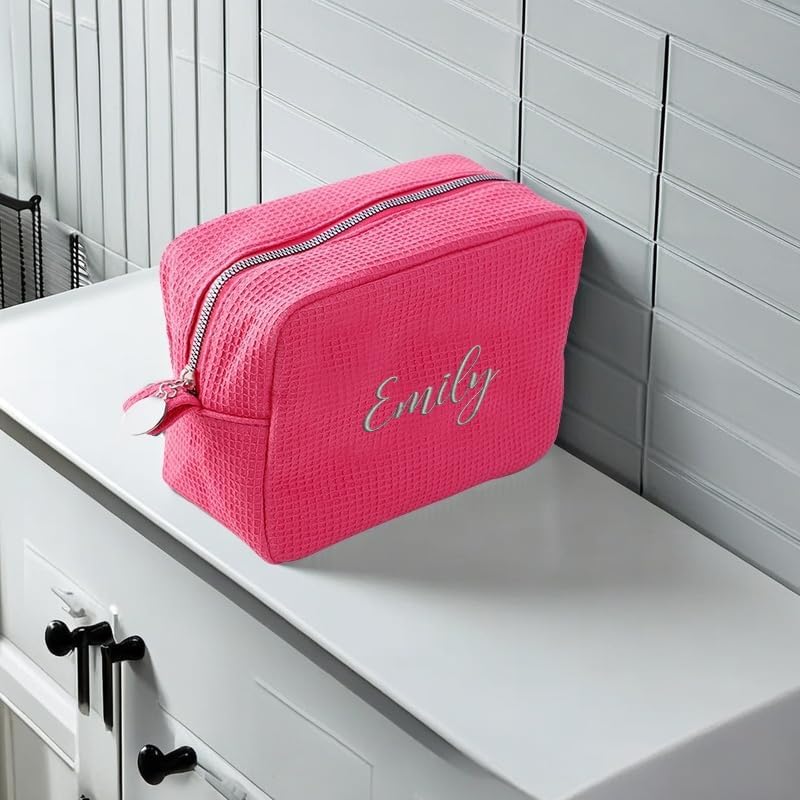 GOPHIE Personalized Embroidered Makeup Bag,Custom Waffle Fabric Cosmetic Pouch for Women, Travel Makeup Pouch (6, Hot Pink)