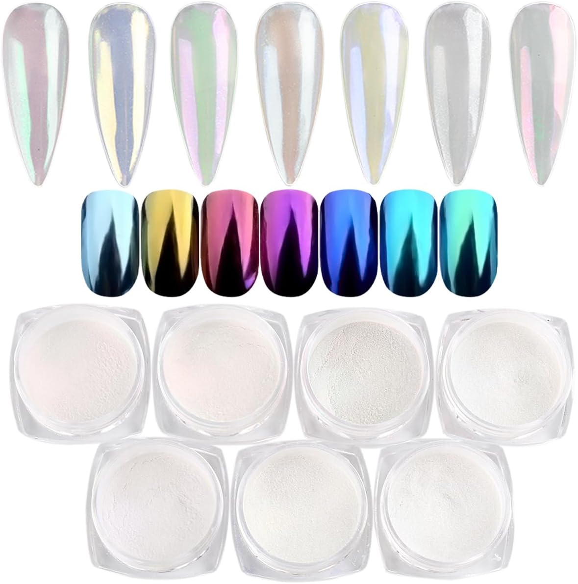 Pearl Chrome Nail Powder Set - 7 Colors Aurora Powder Mermaid Effect for Nails Iridescent Nail Glitter Shimmer White Rubbing Dust Nail Pigment Set Manicure Nail Art Decorations (B01-07)