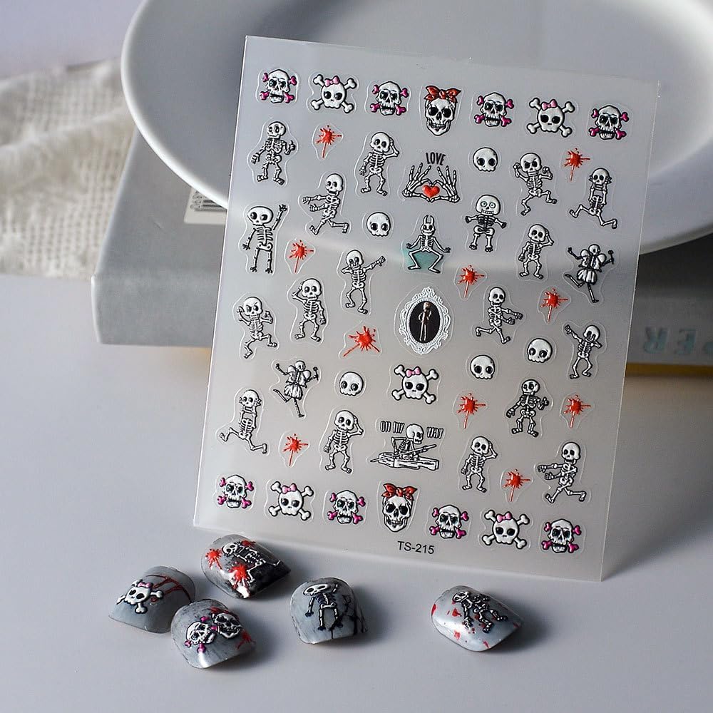 Halloween Nails Stickers Skeleton Nails Sticker 3D Embossed Red Blood Skull Self Adhesive Sticker Nail Decals Funny Skeleton Body Nail Art Decal Halloween Decals for Nail DIY Manicure 1Sheet