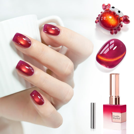 Double Rhythm 0.5 OZ Cat Eye Gel Polish with Magnet 15ML Holographic Glitter Shimmer Translucent Jelly Color Magnetic Nail Polish Salon DIY at Home (Burgundy Golden-MC1262)