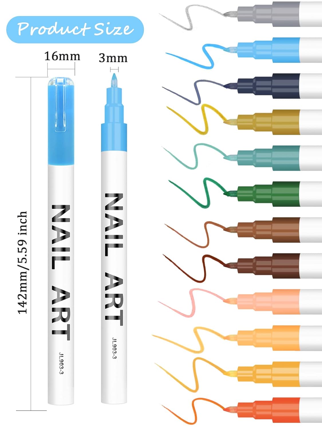 12 Color 3D Nail Art Pens Set, Kalolary Nail Point Graffiti Dotting Pen Drawing Painting Liner Brush for DIY Nail Art Beauty Adorn Manicure Tools(B)