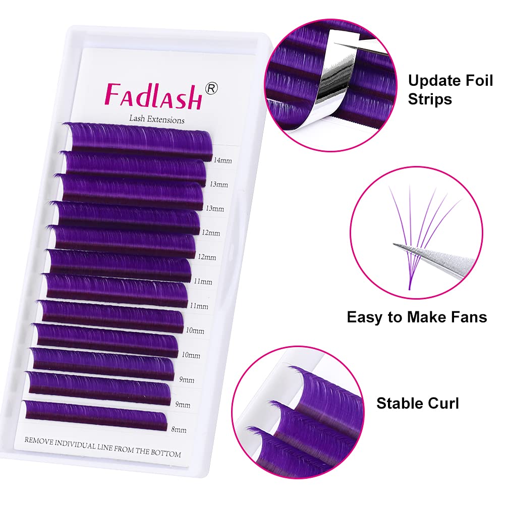 Easy Fan Volume Lashes D Curl Mixed Tray Purple Volume Eyelash Extensions 8-14mm Rapid Blooming Lash Extension Supplies by FADLASH (Purple 0.07-D-Mix)