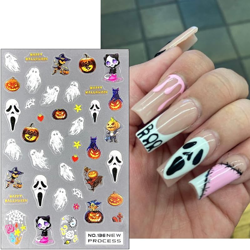 Halloween Nail Stickers Decals 3D Horror Spooky Devil Ghost 3D Self-Adhesive Nail Designs Gothic Ghost Pumpkin Skull Skeleton Halloween Nail Decals for Women Girls DIY Manicure Horror Nail Decoration