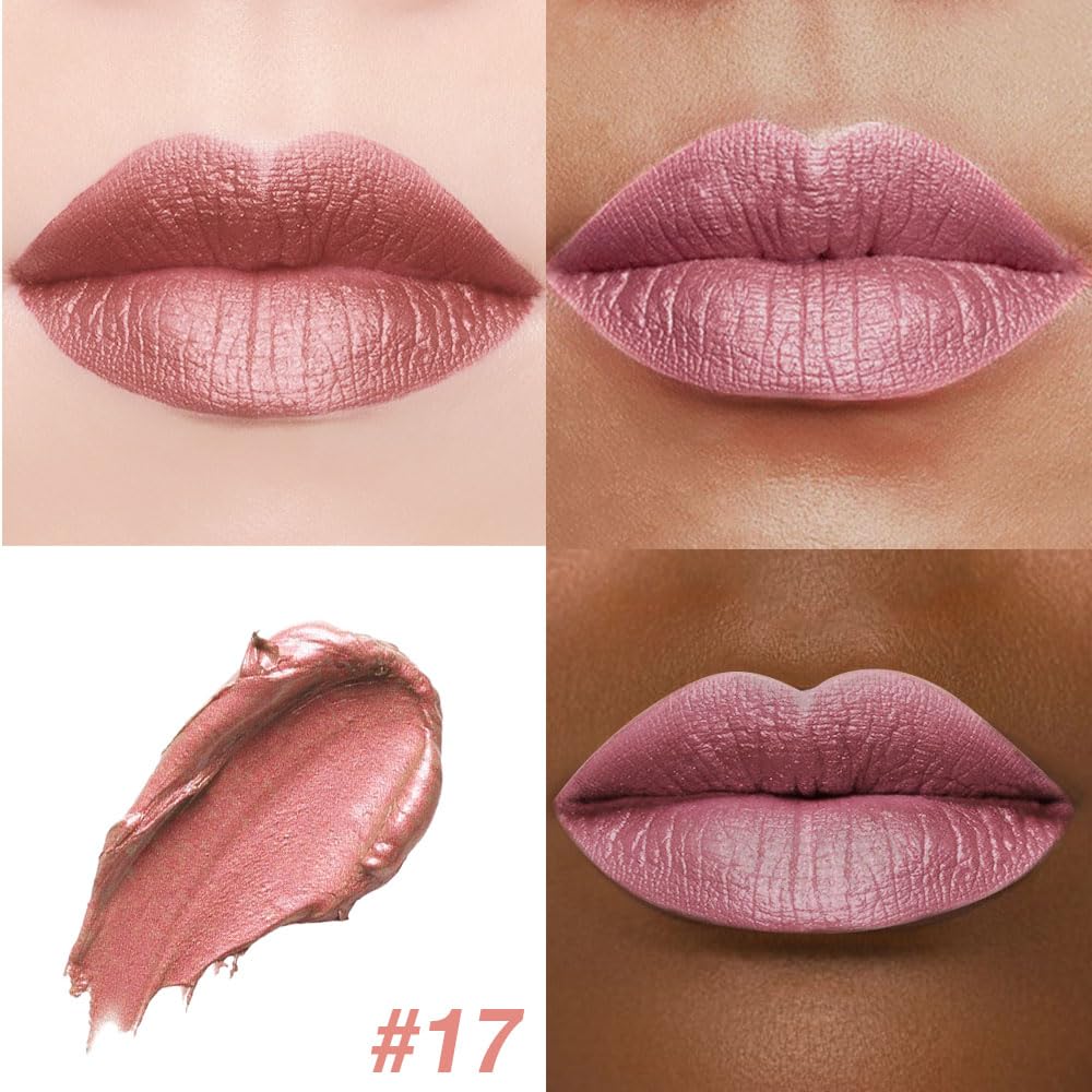 evpct 1Pcs Rose Nude Pink Metallic Shine Shimmer Lip Liner and Lipstick Combo Set Kit for Women, Lightweight Hydrating Formula High Impact Full Coverage Lipstick and Lip Liner Makeup Gloss, 17#