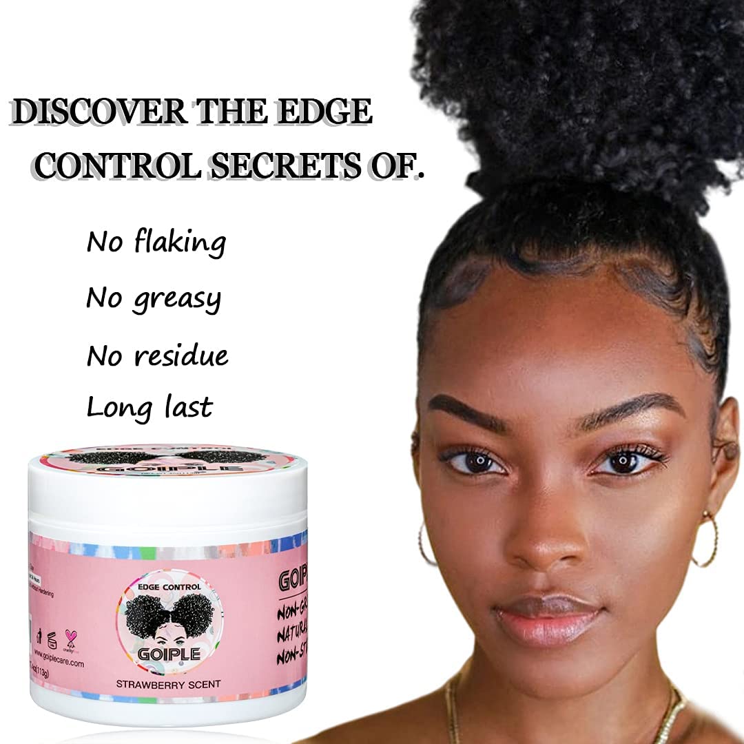 Goiple Edge Control Wax for Women - Strong Hold, Non-greasy Smoother, Strawberry Scent (4oz + Edge Scarf + Hair Bonnet + 2 Edge Brushes)
