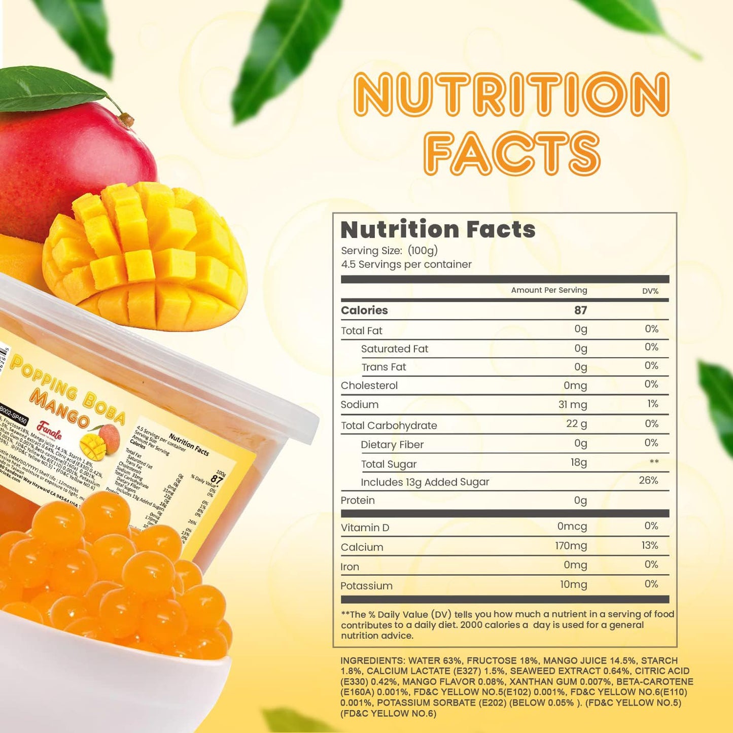 Fanale Mango Popping Boba Pearls, Vegan, Non GMO, Gluten Free, Fat Free, Perfect for Bubble Tea, Smoothies, Ice Cream, Desserts, and Beverages 1lb x 12.