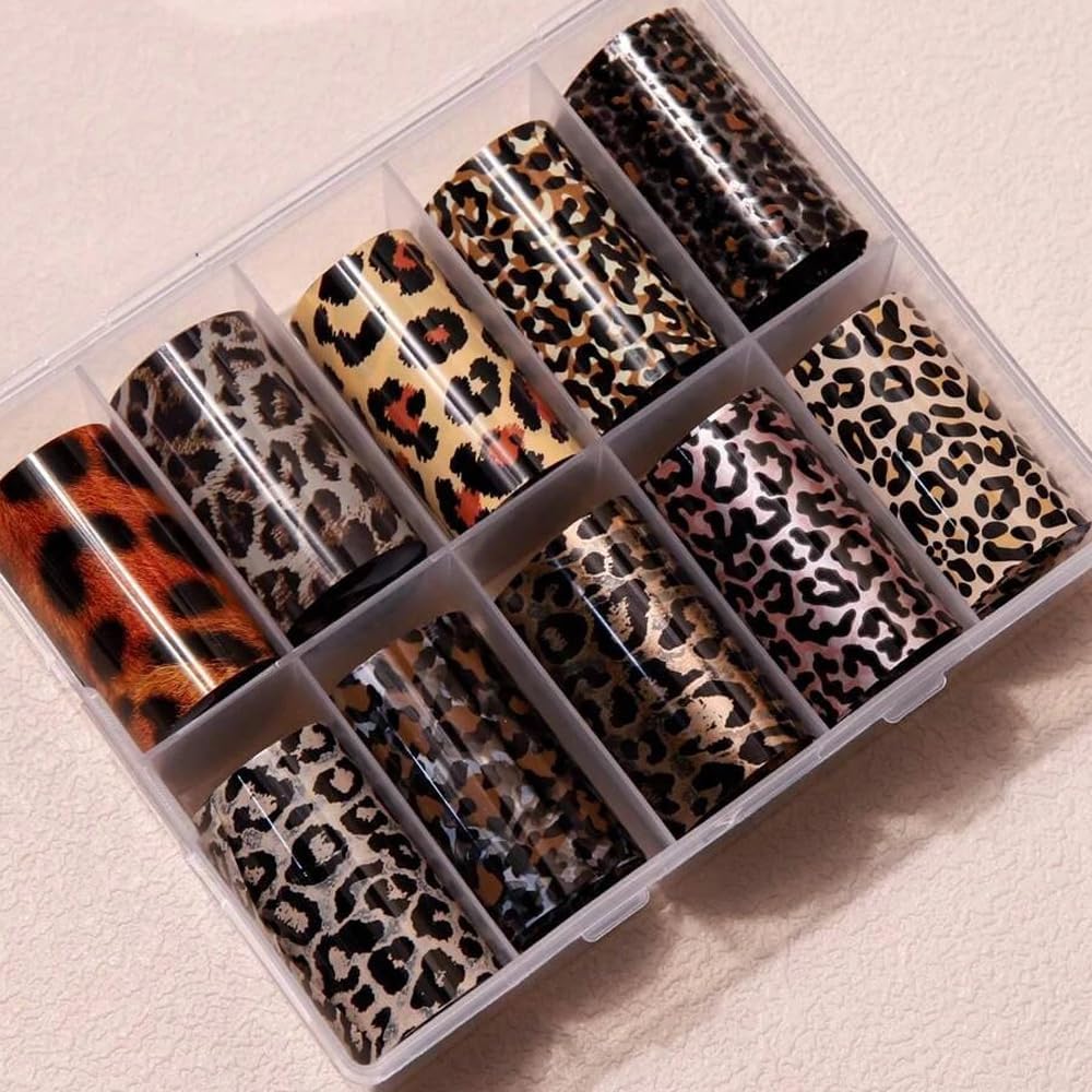 Leopard Print Nail Art Foils Transfer Stickers 10Pcs Leopard Snake Print Nail Foils Adhesive Decals Nail Supplies Laser Starry Sky Paper Manicure Accessories for Women Fall Nail Art Decorations