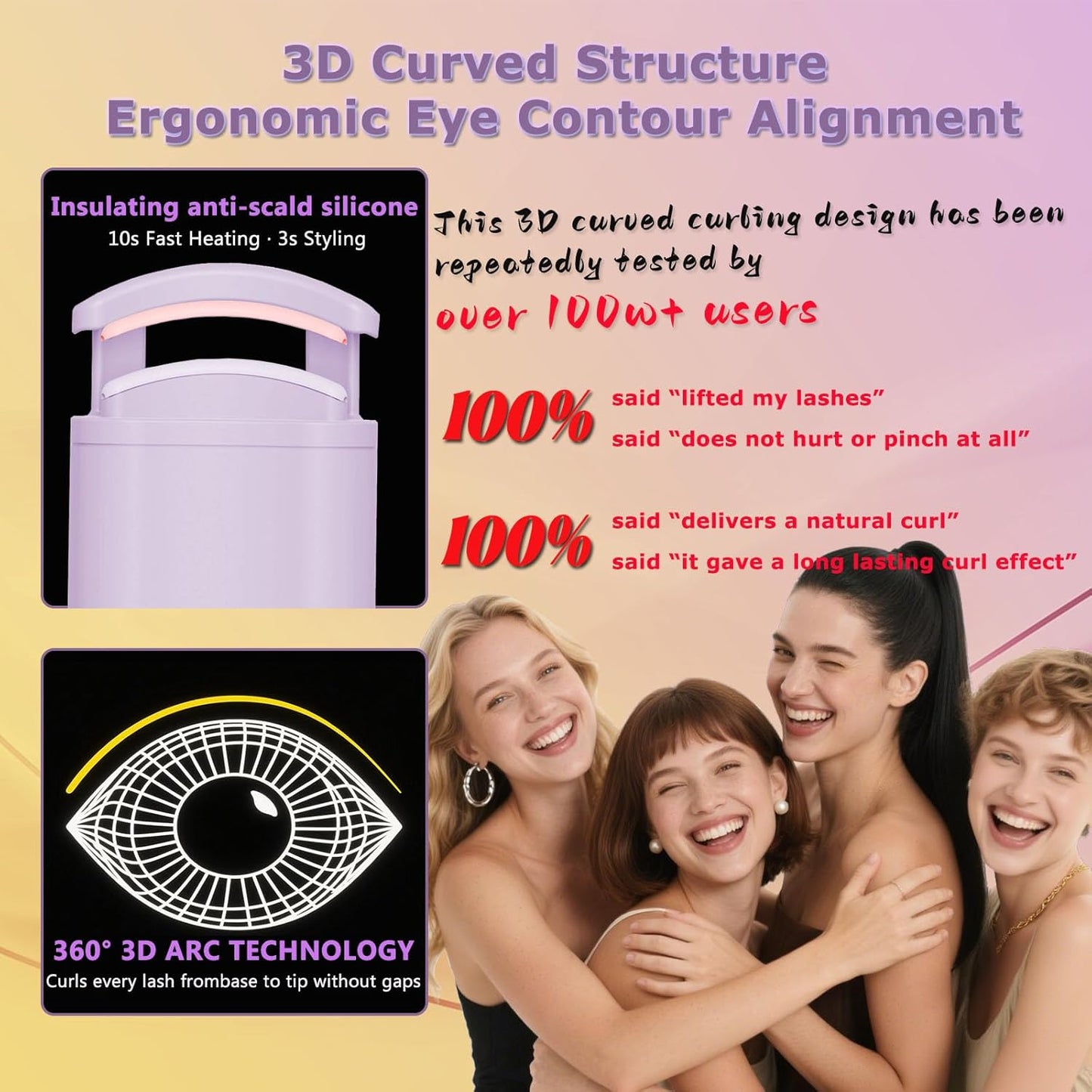 Heated Eyelash Curler - Wide Open Dual-Arc Design Heated Lash Curler - Electric Eyelash Curler - Type-C Rechargeable Mini Lash Curler Natural Curling 24H Long Lasting for Women - Purple