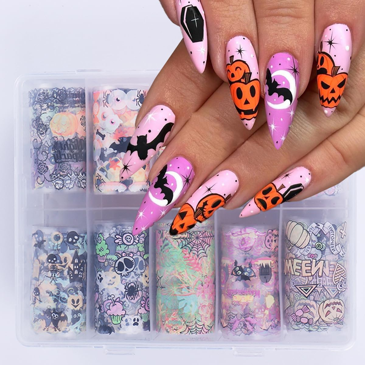 Halloween Nail Art Foils Transfer Stickers Halloween Nail Art Stickers Decals 10Rolls Pumpkin Spider Web Ghost Spider Nail Foils Adhesive Decals Nail Supplies for Women Holiday DIY Manicure Decoration